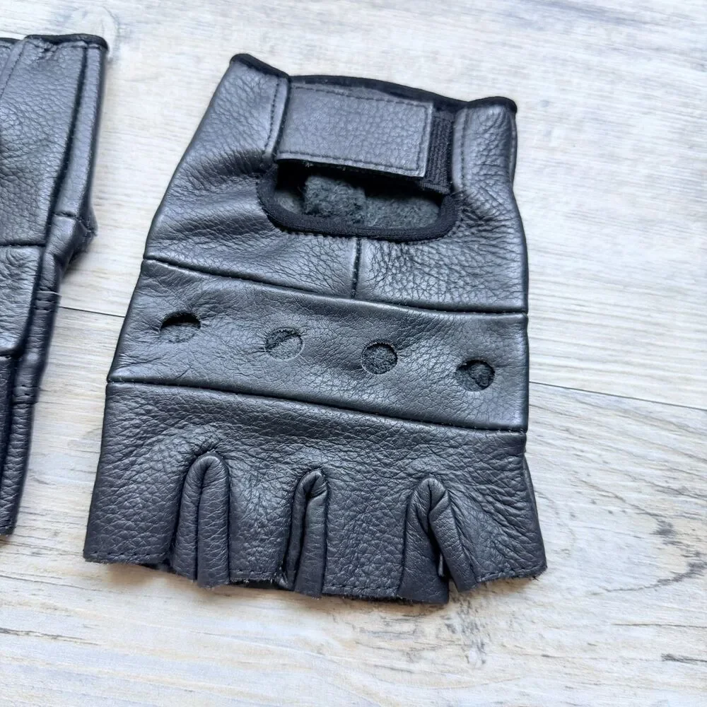 Black Genuine Leather Fingerless Riding Gloves Size Medium Motorcycle Biker